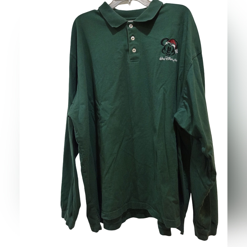 Vintage Walt Disney World SANTA MICKEY Long Sleeve Green Polo Men's 3XL GUC READ